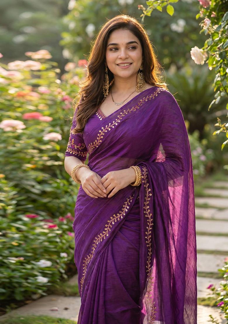 Purple Lace Work Silk Blend Saree Set - Indya