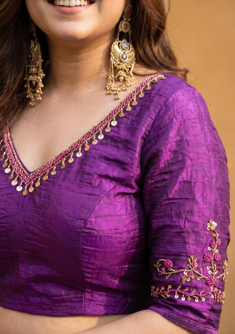 Purple Lace Work Silk Blend Saree Set - Indya