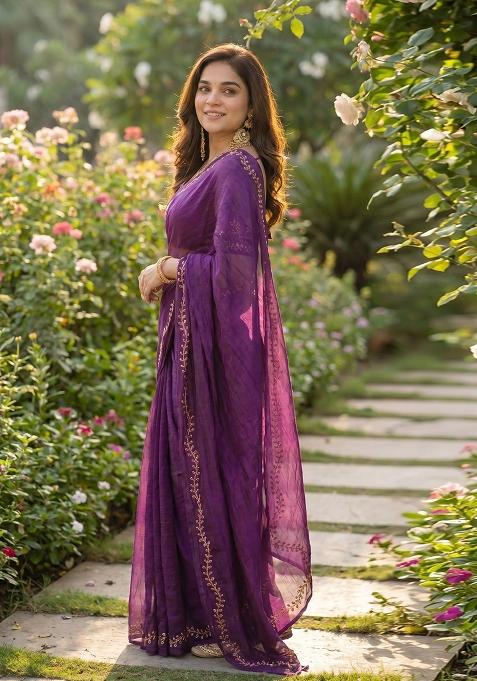 Purple Lace Work Silk Blend Saree Set