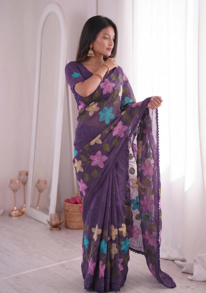 Wine Purple Embroidered Crunchy Saree Set - Indya