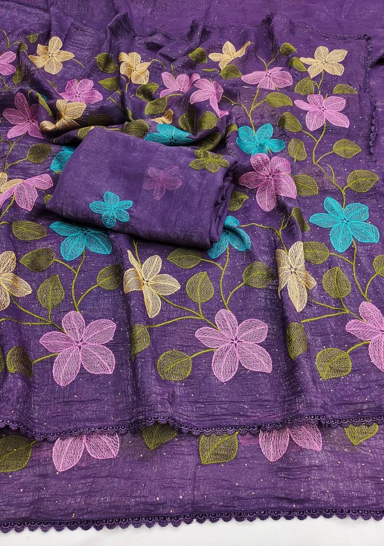 Wine Purple Embroidered Crunchy Saree Set - Indya