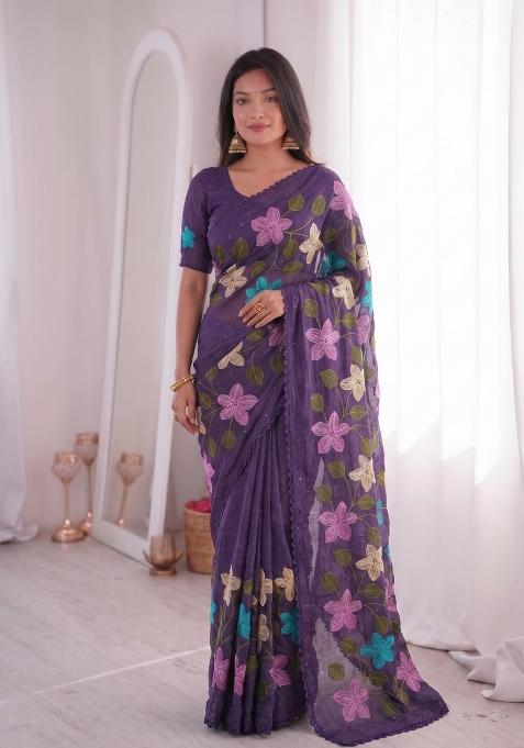 Wine Purple Embroidered Crunchy Saree Set