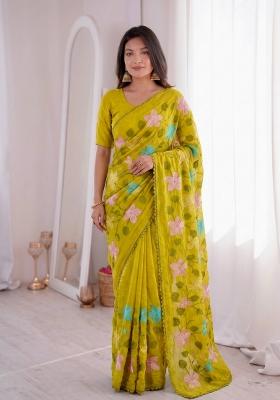 Yellow Embroidered Crunchy Saree Set