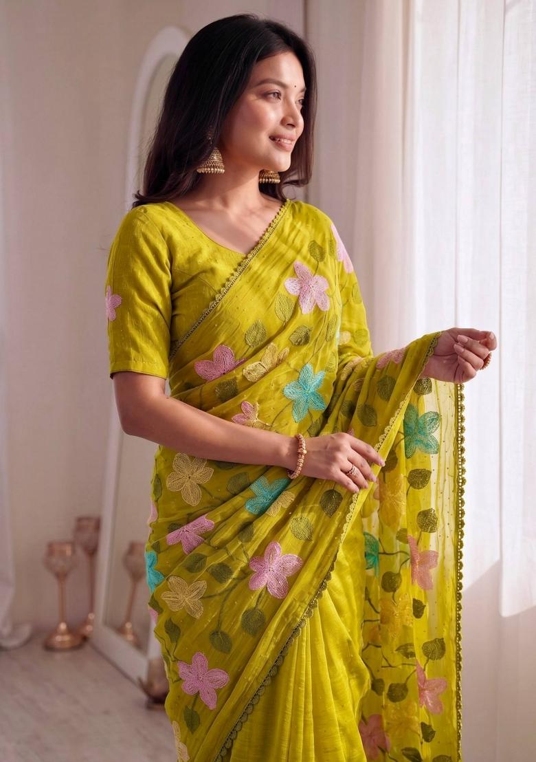 Yellow Embroidered Crunchy Saree Set - Indya