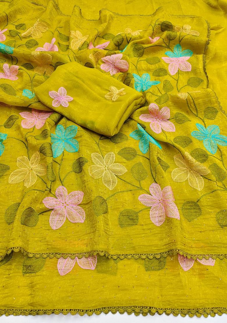 Yellow Embroidered Crunchy Saree Set - Indya