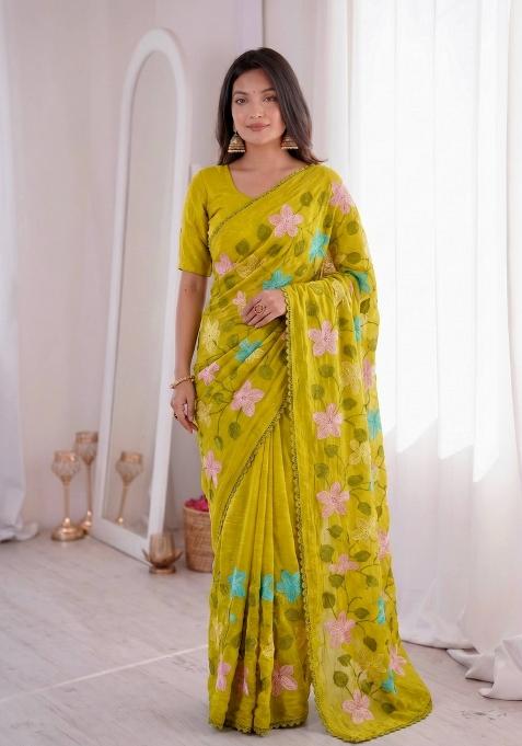 Yellow Embroidered Crunchy Saree Set