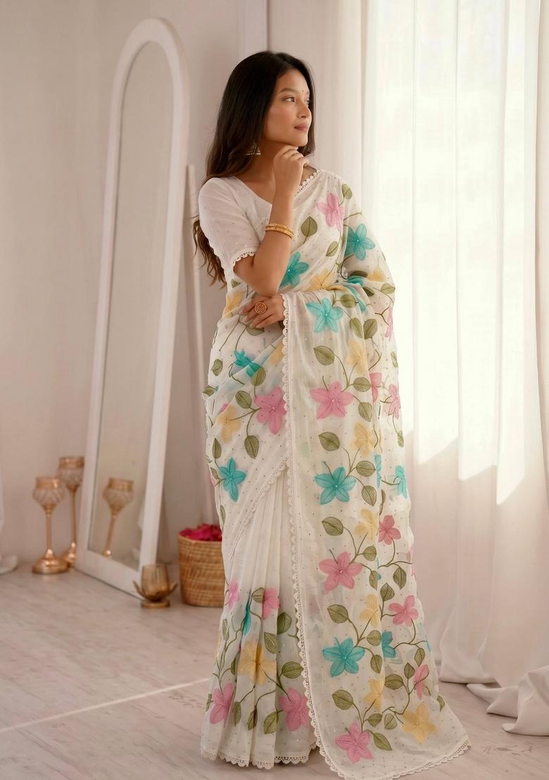 White Embroidered Crunchy Saree Set - Indya