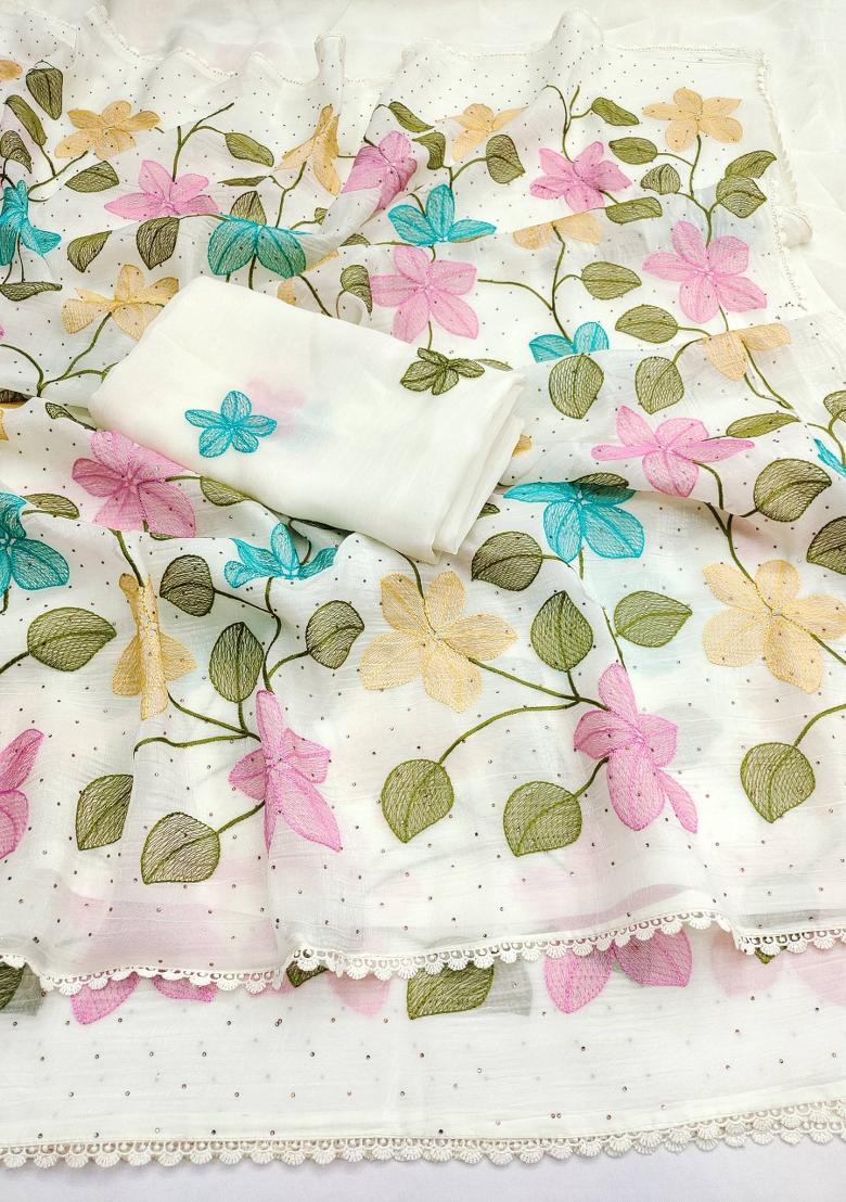 White Embroidered Crunchy Saree Set - Indya