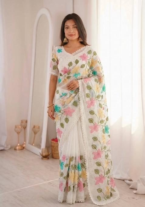 White Embroidered Crunchy Saree Set