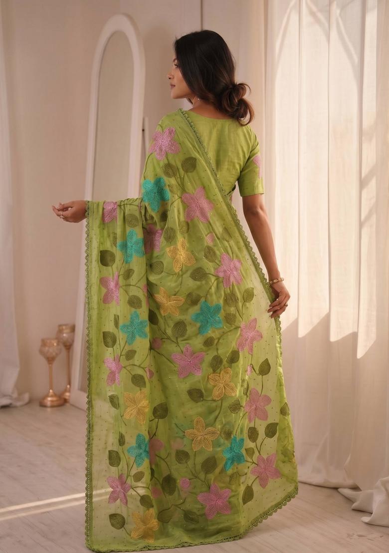Pista Embroidered Crunchy Saree Set - Indya