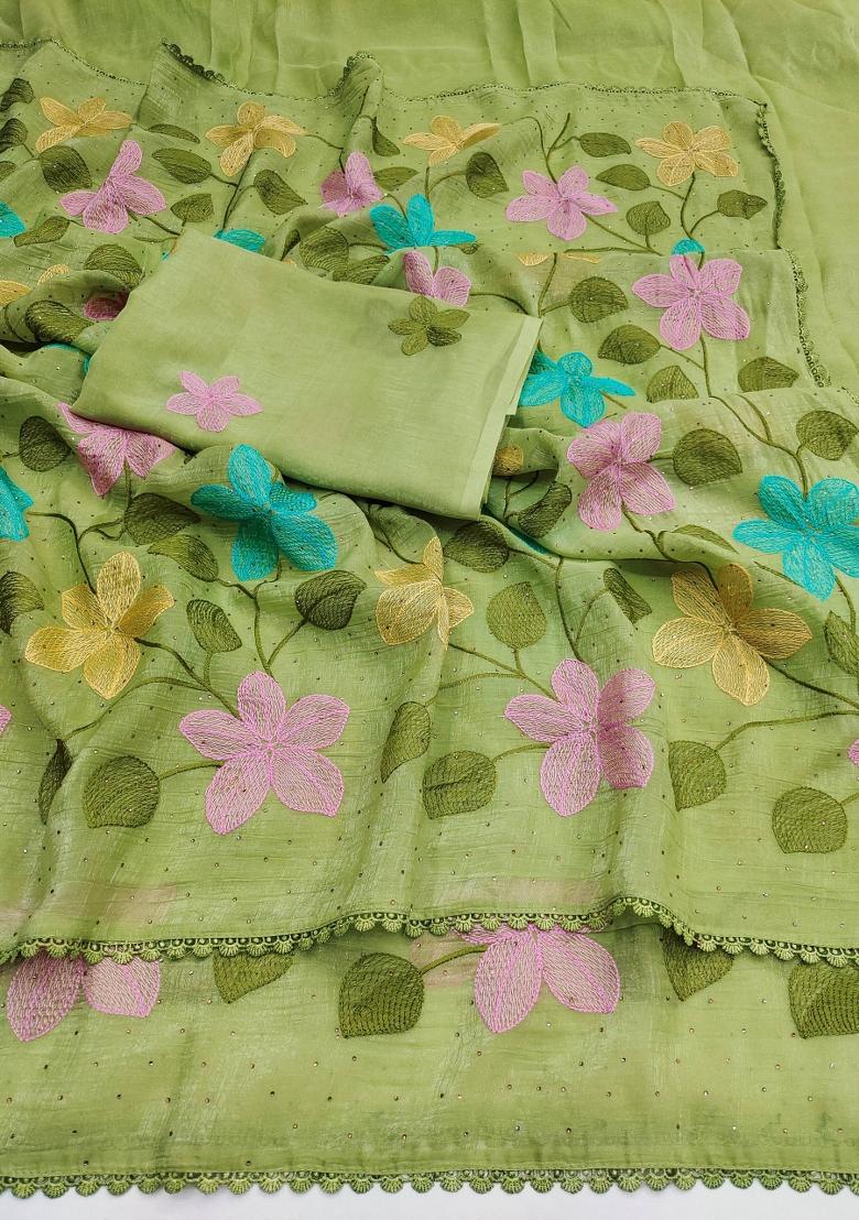 Pista Embroidered Crunchy Saree Set - Indya