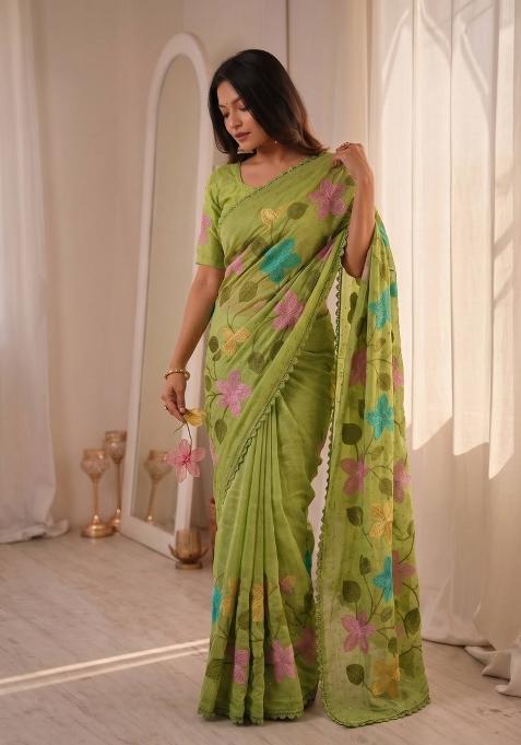 Pista Embroidered Crunchy Saree Set