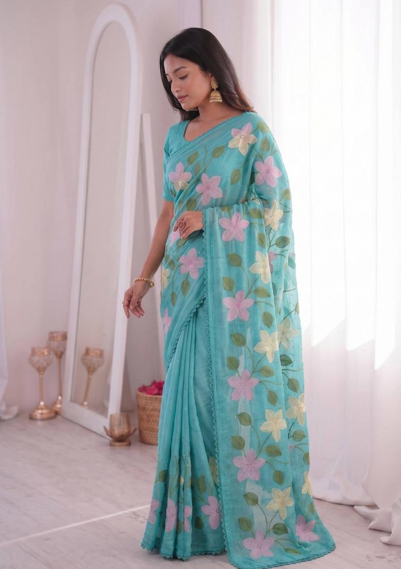 Sky Blue Embroidered Crunchy Saree Set - Indya