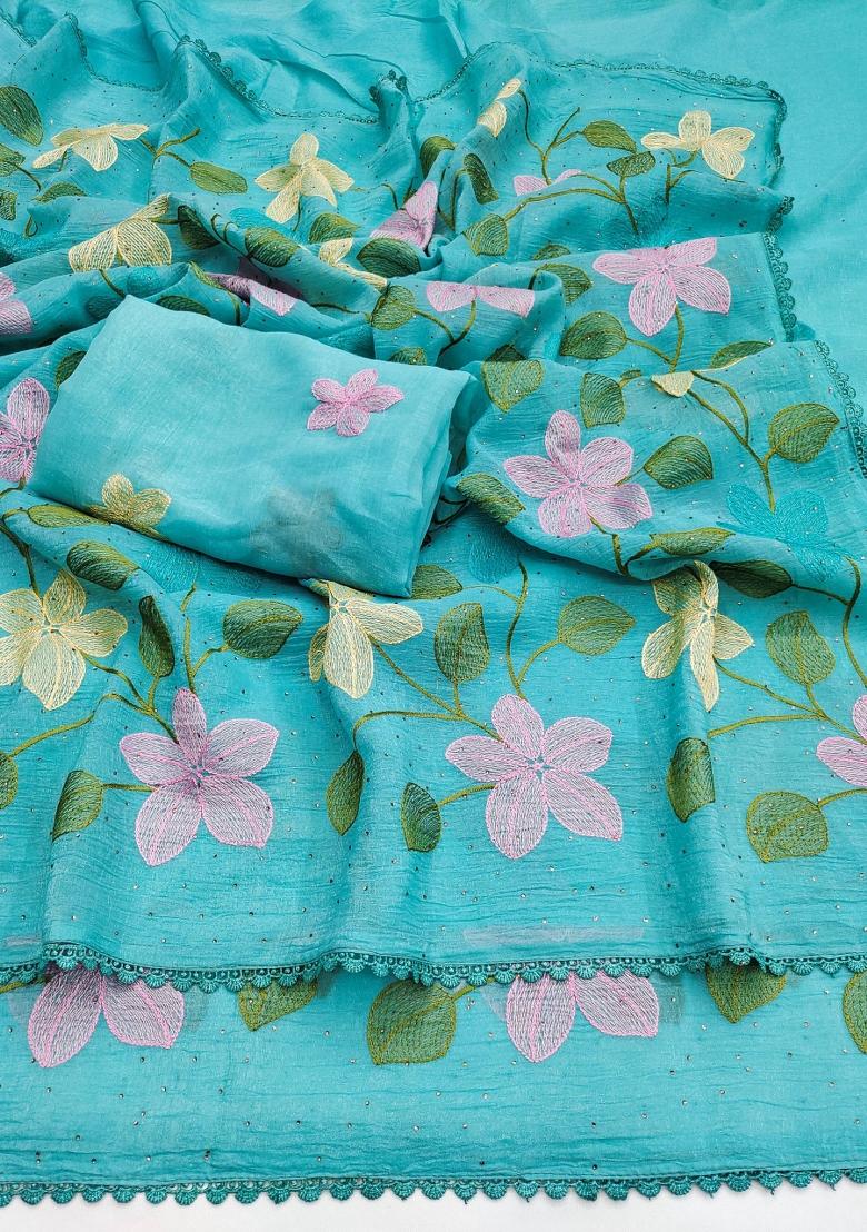 Sky Blue Embroidered Crunchy Saree Set - Indya