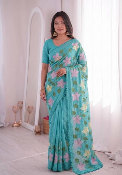 Sky Blue Embroidered Crunchy Saree Set