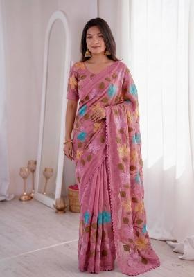 Dusty Pink Embroidered Crunchy Saree Set