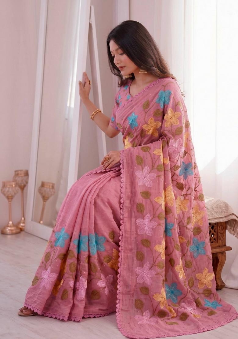 Dusty Pink Embroidered Crunchy Saree Set - Indya