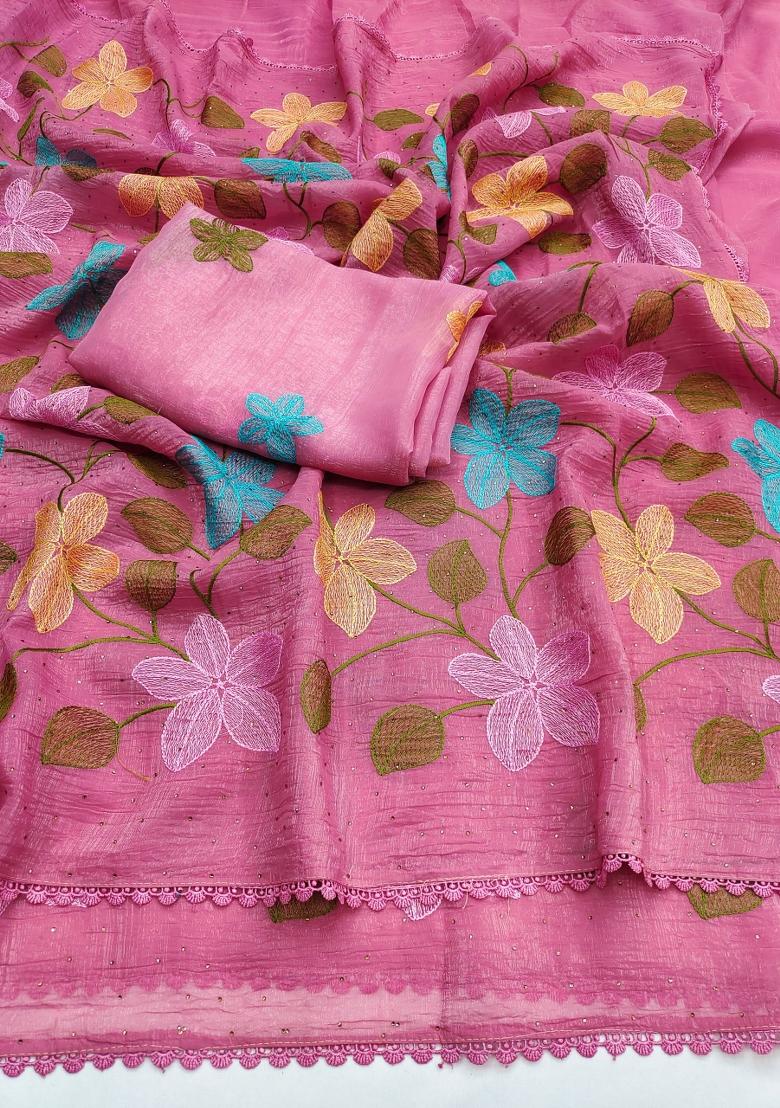 Dusty Pink Embroidered Crunchy Saree Set - Indya