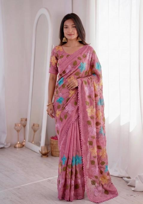 Dusty Pink Embroidered Crunchy Saree Set
