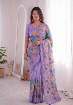 Lavender Embroidered Crunchy Saree Set