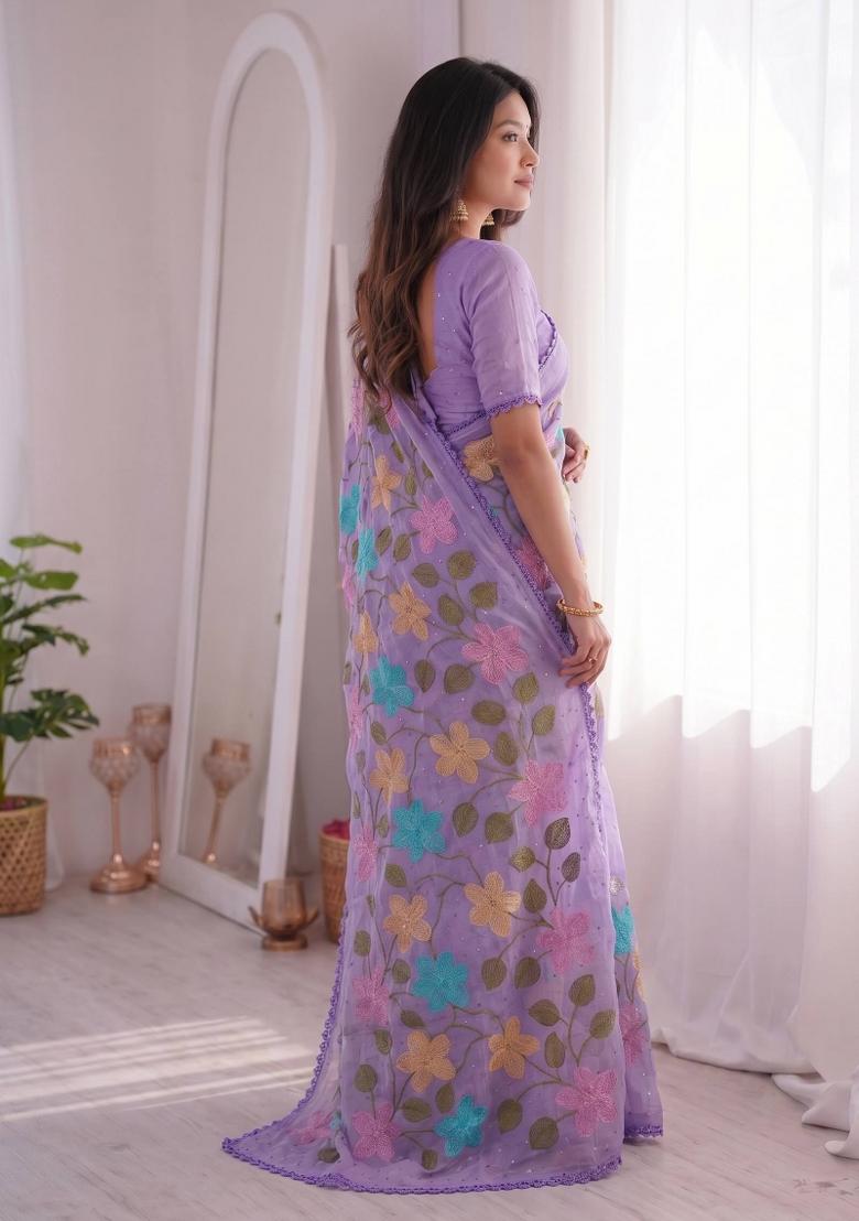 Lavender Embroidered Crunchy Saree Set - Indya