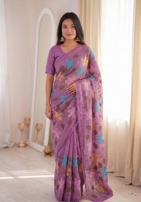 Purple Embroidered Crunchy Saree Set