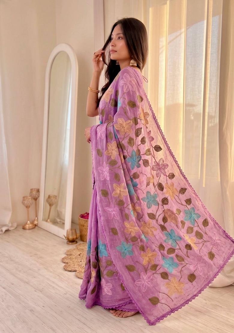 Purple Embroidered Crunchy Saree Set - Indya