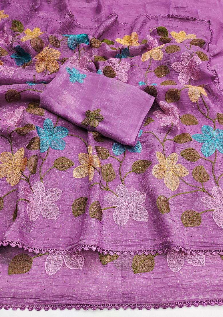 Purple Embroidered Crunchy Saree Set - Indya
