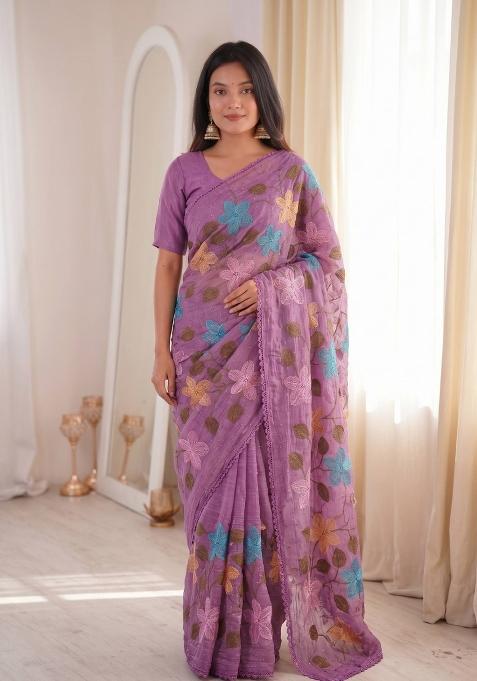 Purple Embroidered Crunchy Saree Set