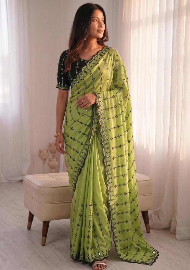 Pista Floral Print Viscose Saree Set - Indya