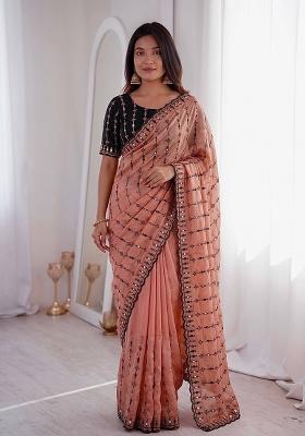 Peach Floral Print Viscose Saree Set