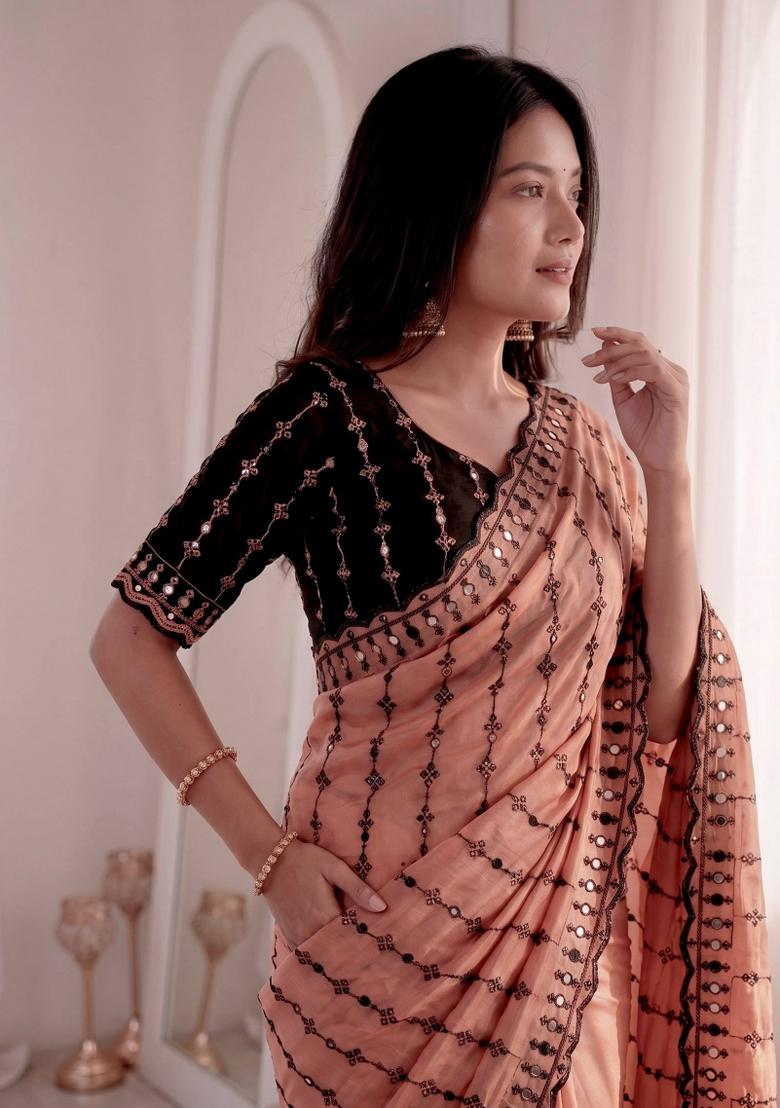 Peach Floral Print Viscose Saree Set - Indya