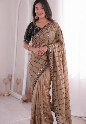 Beige Floral Print Viscose Saree Set