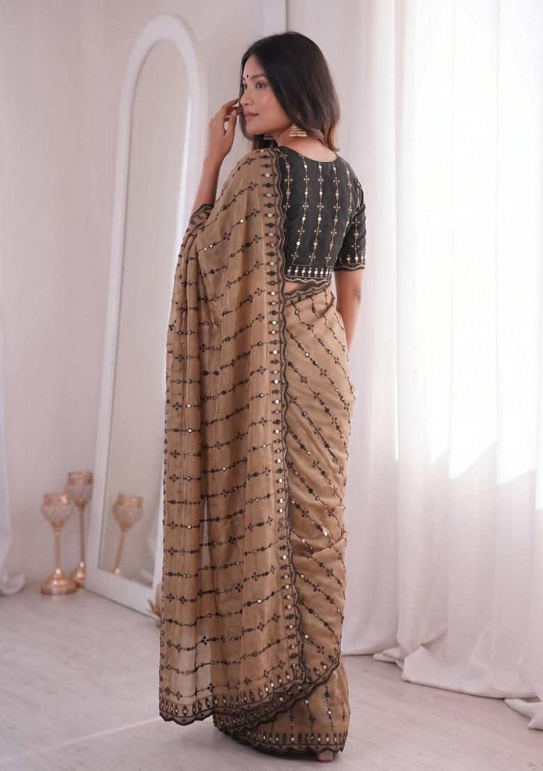Beige Floral Print Viscose Saree Set - Indya
