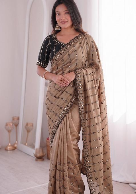 Beige Floral Print Viscose Saree Set