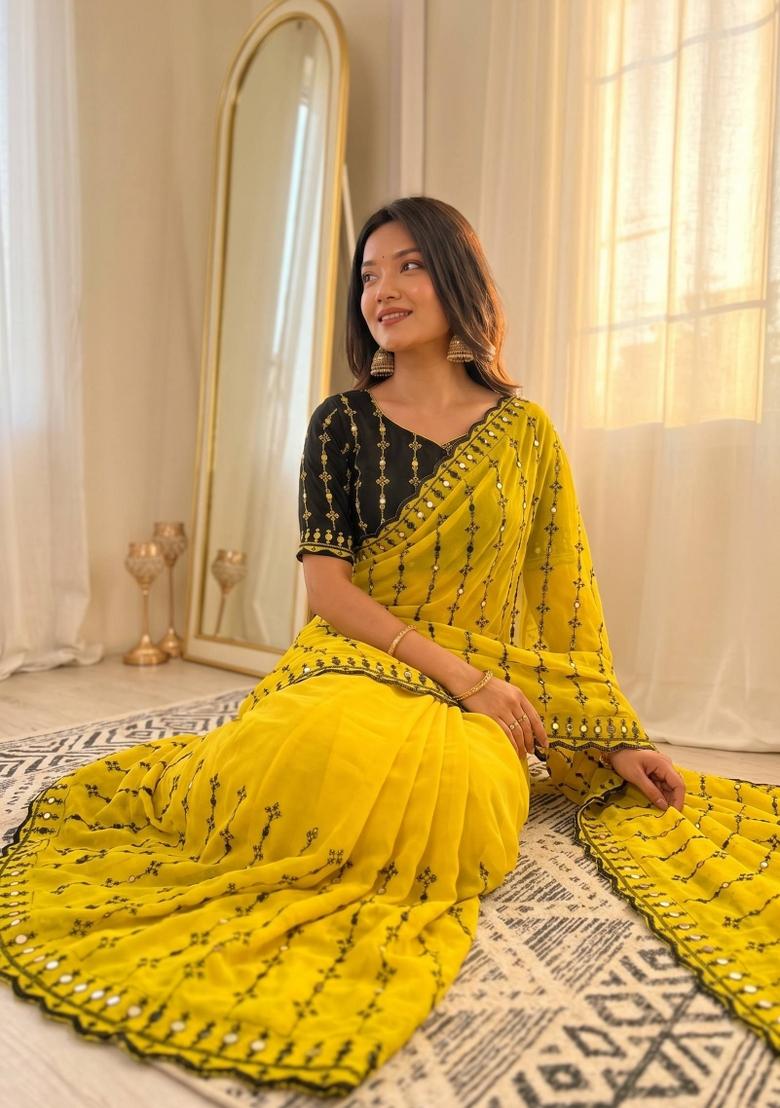 Yellow Floral Print Viscose Saree Set - Indya