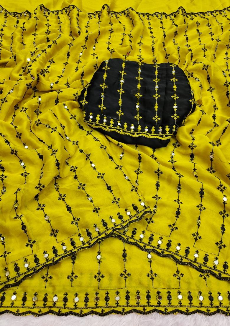 Yellow Floral Print Viscose Saree Set - Indya