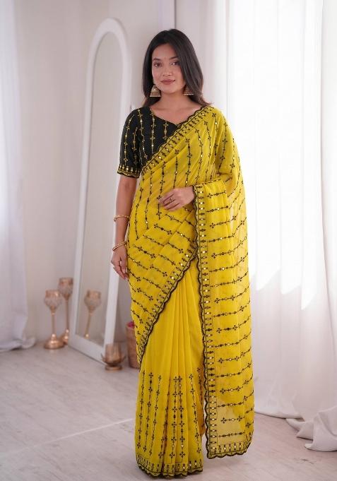 Yellow Floral Print Viscose Saree Set