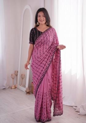 Pink Floral Print Viscose Saree Set