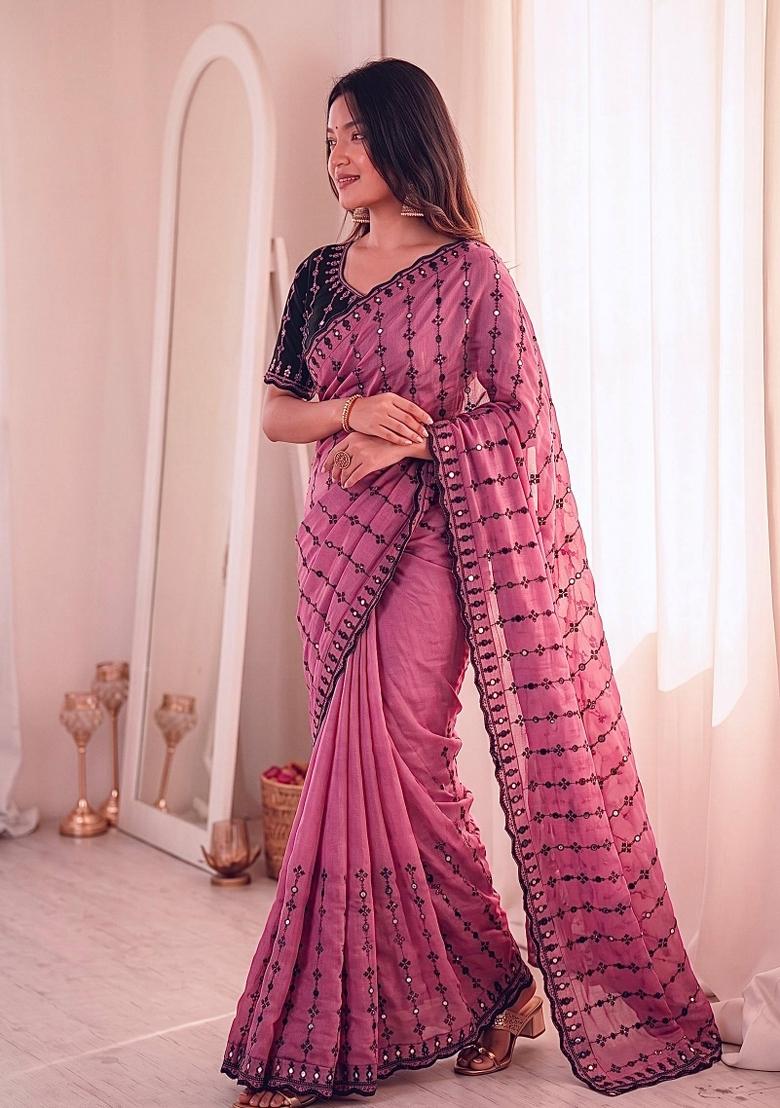 Pink Floral Print Viscose Saree Set - Indya