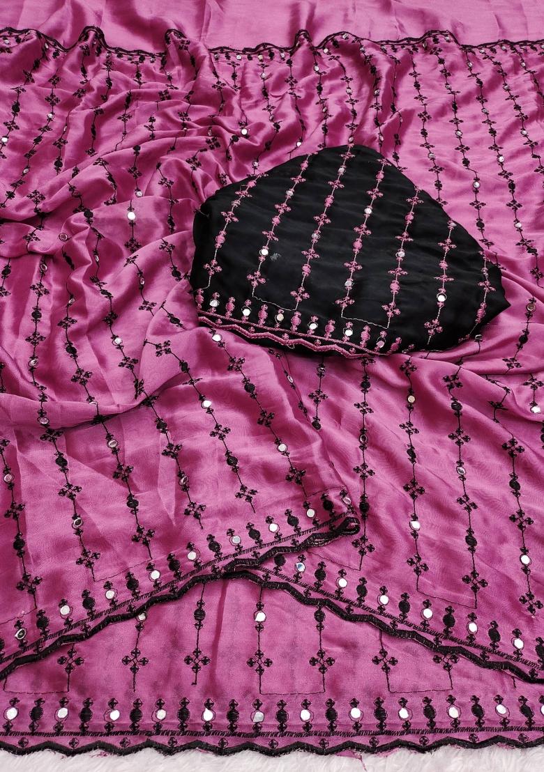 Pink Floral Print Viscose Saree Set - Indya