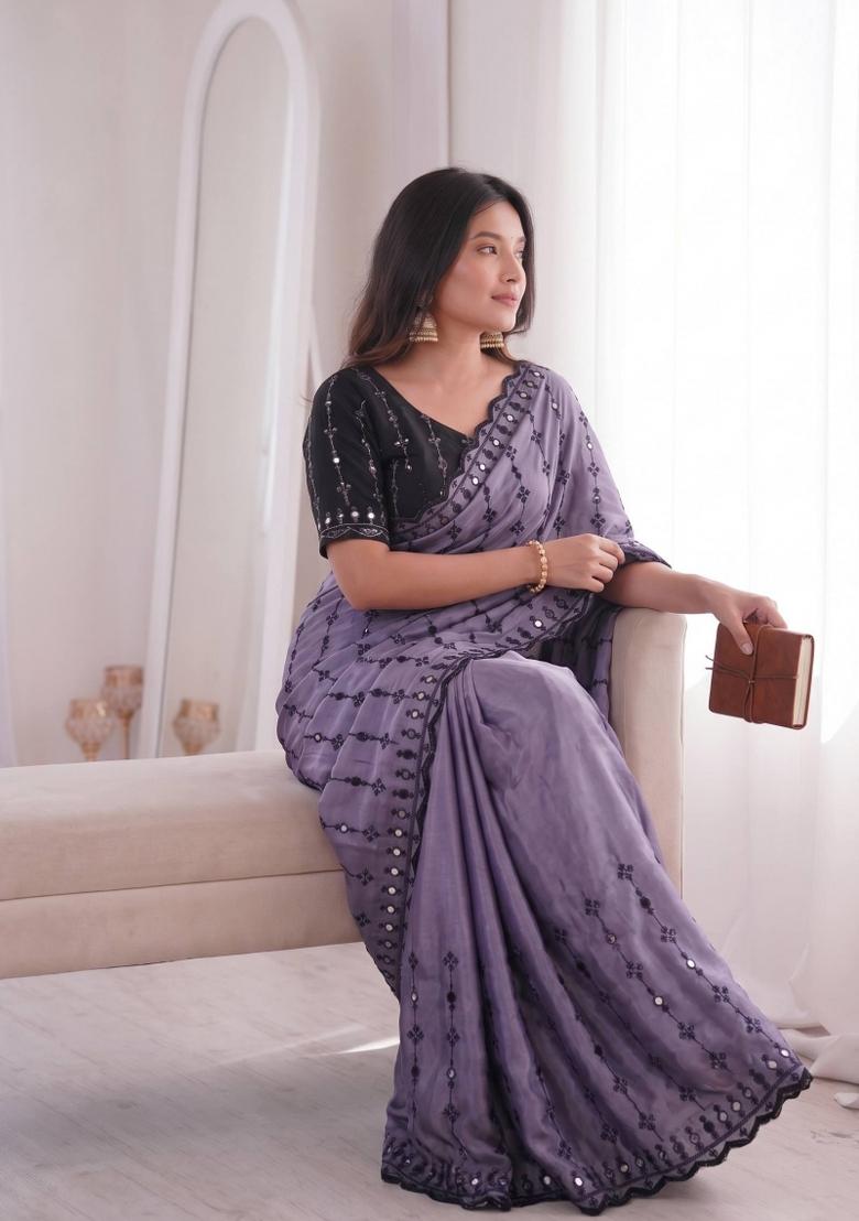 Lavender Floral Print Viscose Saree Set - Indya