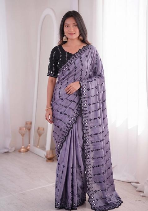 Lavender Floral Print Viscose Saree Set