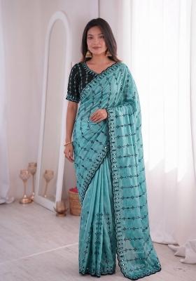 Sky Blue Floral Print Viscose Saree Set