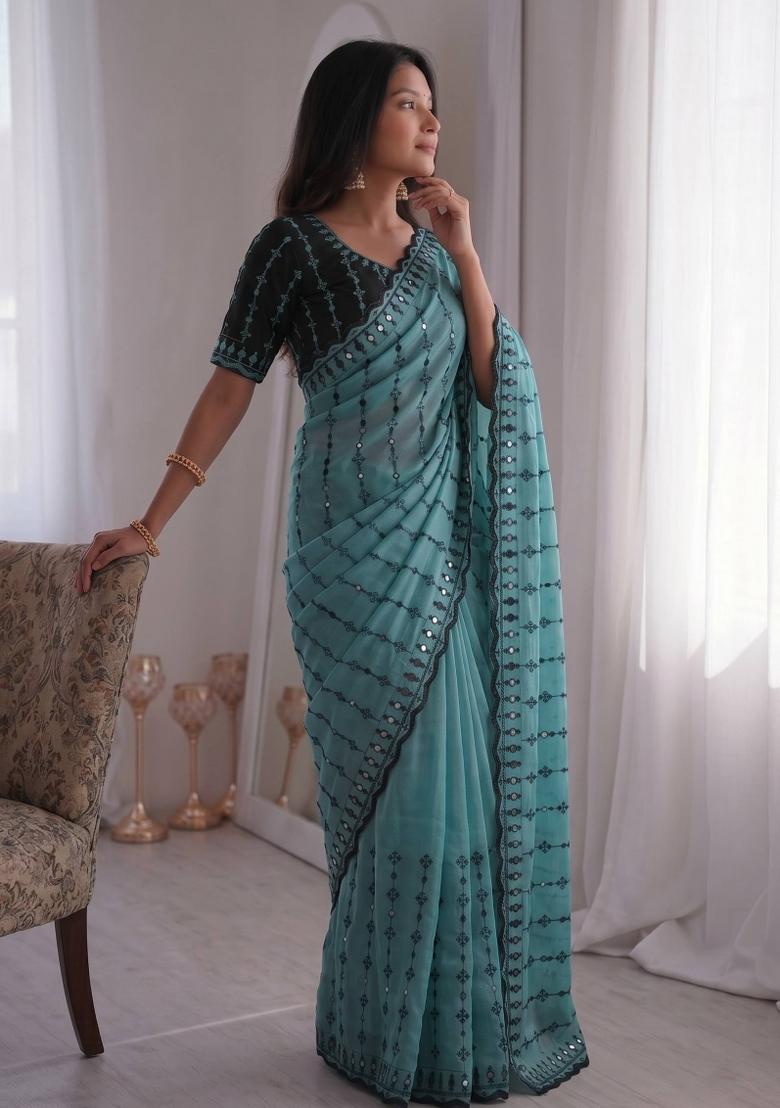 Sky Blue Floral Print Viscose Saree Set - Indya