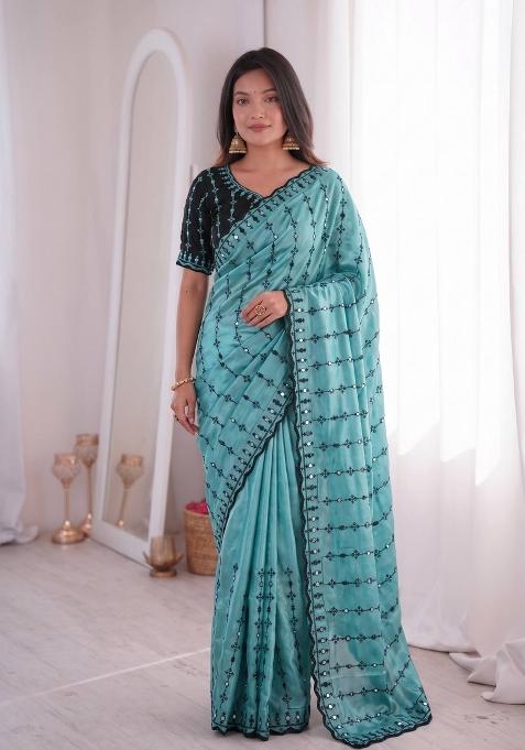 Sky Blue Floral Print Viscose Saree Set