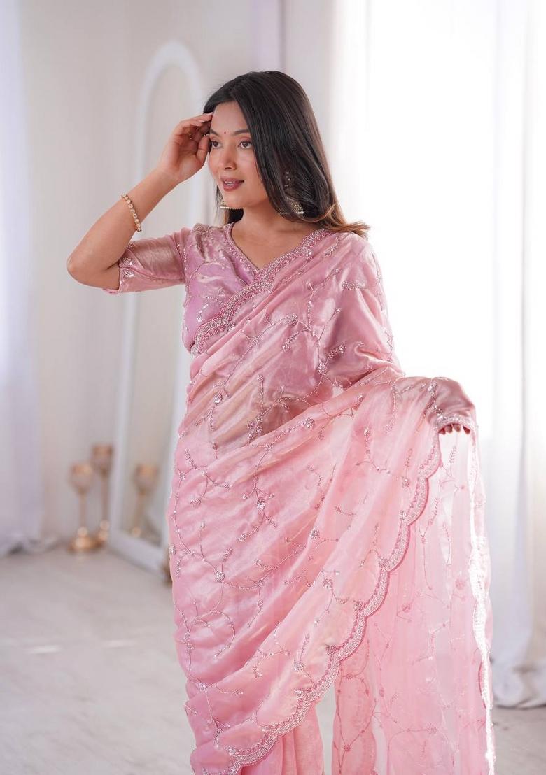 Pink Embroidered Silk Blend Saree Set - Indya