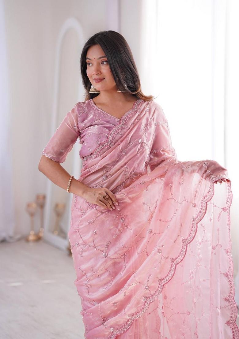 Pink Embroidered Silk Blend Saree Set - Indya