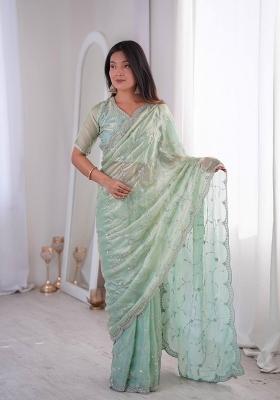Sea Green Embroidered Silk Blend Saree Set
