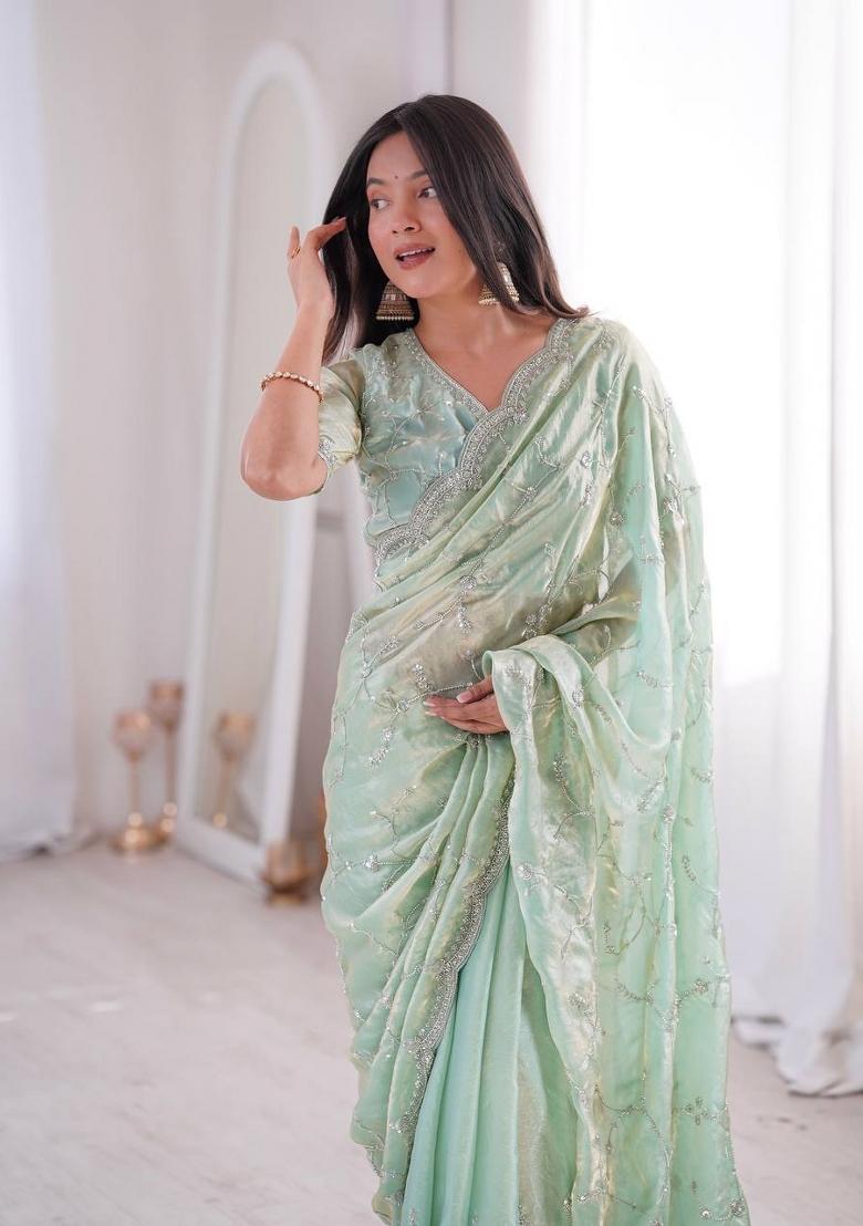 Sea Green Embroidered Silk Blend Saree Set - Indya